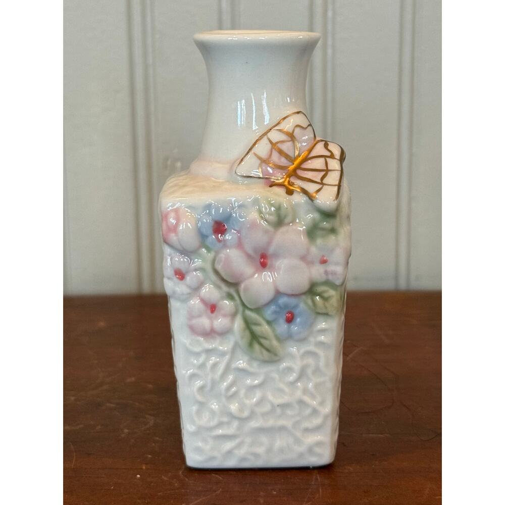 White Ceramic Butterfly Relief Vase 1980s Shelf Decor